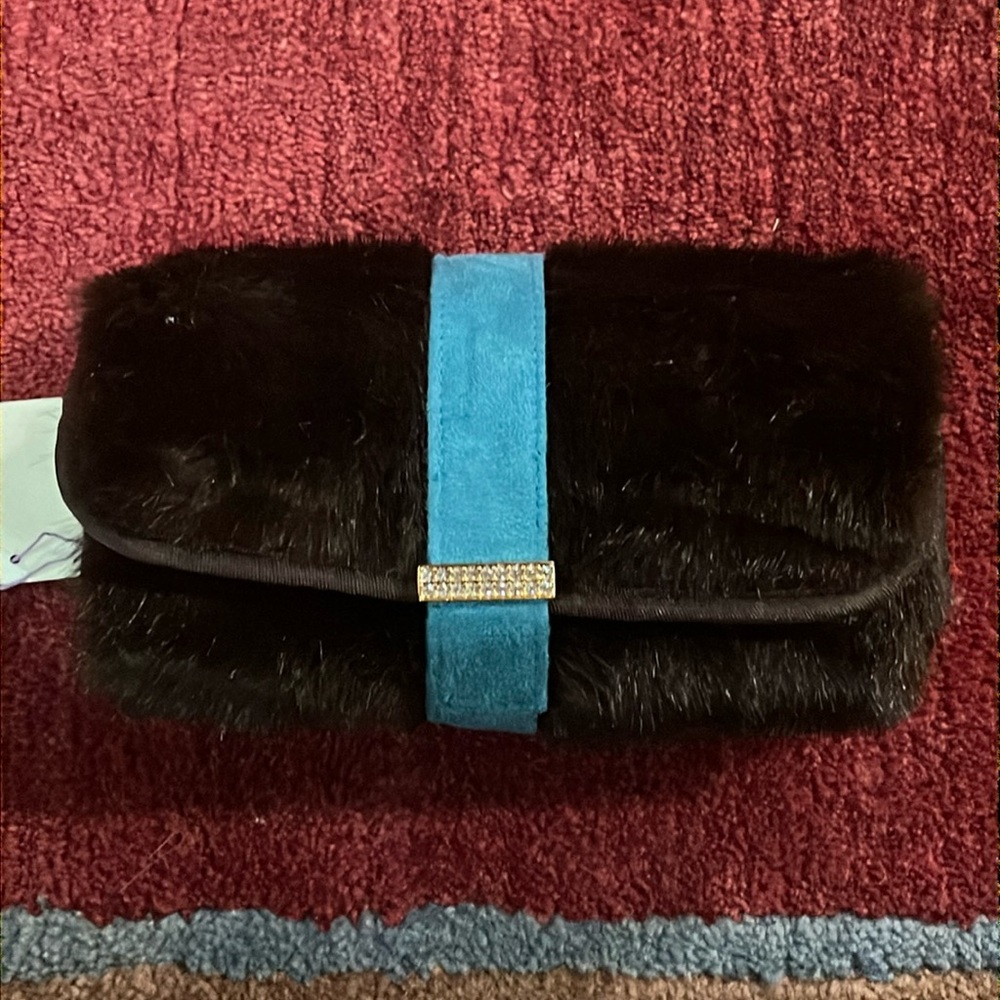 NWT STEPHANIE JOHNSON Brown Faux Fur Roll Up Cosmetic Make Up Bag